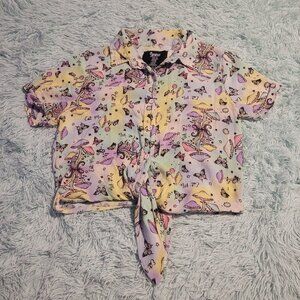 Spencer's Mushroom Butterfly Button Down Tie Crop Top Short Sleeve Pastel Size M